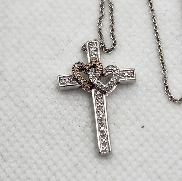 Cross & Hearts Necklace w Diamonds, 10K Rose Gold, Sterling Silver - Picture 3 of 4